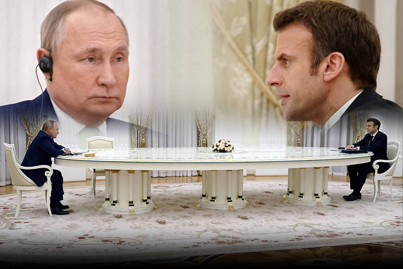 法国总统马克宏（Emmanuel Macron）7日与俄罗斯总统普廷（Vladimir Putin）会面，两人对话时的4公尺长桌，意外成为网路热议的话题。（路透资料照，本报合成）(photo:LTN)