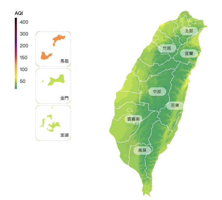 全台空氣品質均為良好等級，僅馬祖地區的空品監測亮起「橘燈」警示。（取自環保署空氣品質監測網）