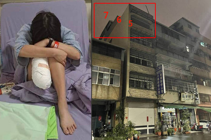 「苗栗截肢女」高雄總公司遭爆違建，由4層樓加蓋到5層，上方可見又內縮加蓋到6、7層。 （記者許麗娟攝、圖取自臉書；本報合成）