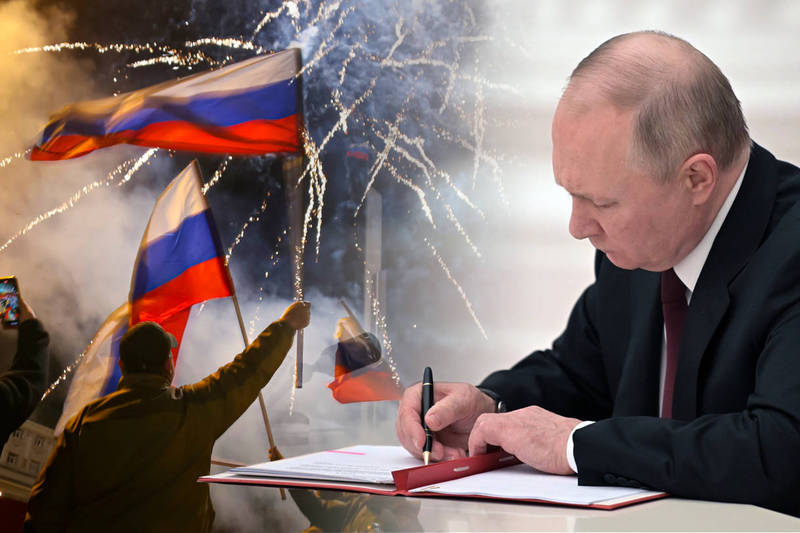 俄羅斯總統普廷（Vladimir Putin）21日簽署命令，承認烏克蘭東部2個分離共和國是獨立實體。（美聯社，本報合成）