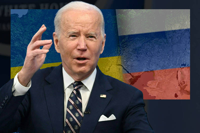 美國總統拜登（Joe Biden）22日表示，這是俄羅斯入侵烏克蘭的開始，俄羅斯毫無疑問是侵略者，並宣布對俄國實施首波經濟制裁。（法新社，本報合成）