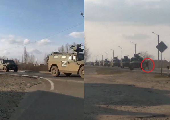 网传一则疑似是乌克兰人肉身阻挡俄军装甲车的影片。（图取自推特，本报合成）(photo:LTN)