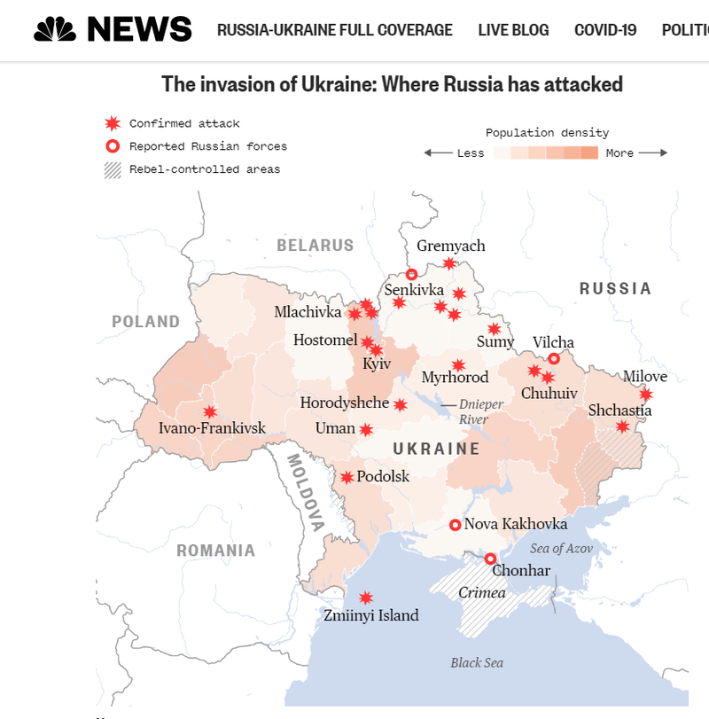 《NBC》圖卡顯示，若是地圖上出現「爆炸」圖樣，則代表該區為「確認發生攻擊」的地方；「紅圈」則為「通報有俄軍出沒」的地方；而「淺灰色斜線」則為「親俄叛軍控制區」。（圖擷取自《NBC》官網）