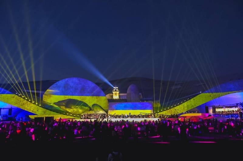 衛武營今晚音樂會彩排，亮出烏克蘭的顏色。（記者王榮祥翻攝）