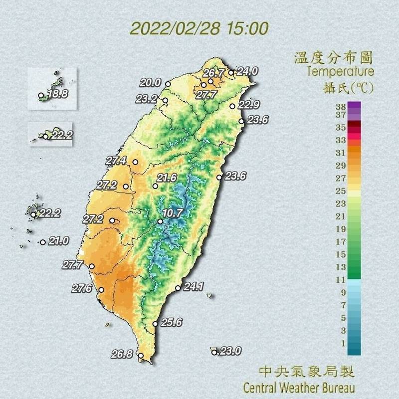 今天（28日）南、高、屏午後高溫30度以上，明天也是類似的天氣表現。此為全台主要測站溫度數值。（圖由中央氣象局提供）