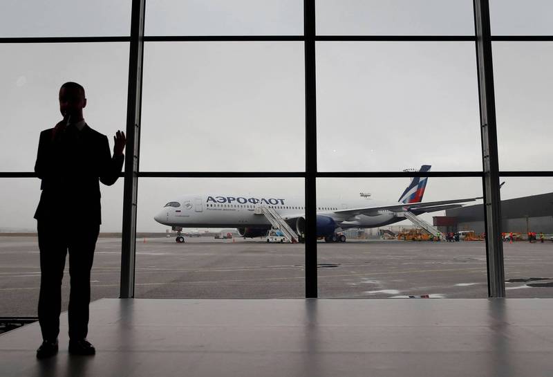 俄罗斯政府宣布对36国关闭领空。图为莫斯科近郊的谢列梅捷沃国际机场与一架空中巴士A350-900。（路透资料照）(photo:LTN)