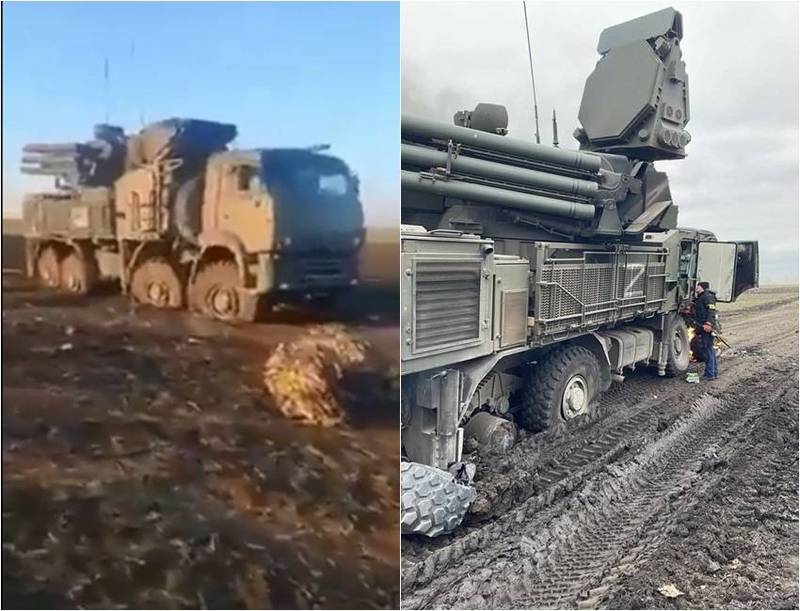 這輛俄羅斯鎧甲-S1飛彈車右後輪卡在泥淖中。（擷取自Trent Telenko推特）