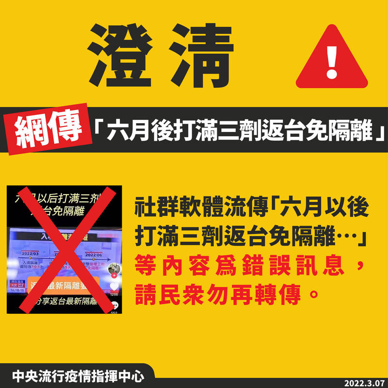 近日社群軟體流傳「6月以後打滿3劑返台免隔離」，中央流行疫情指揮中心今日嚴正表示，此為錯誤訊息，請民眾勿再轉傳與散布，以免觸法遭罰。（指揮中心提供）