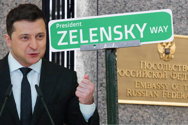 俄罗斯驻美大使馆外出现一面以乌克兰总统命名的「泽伦斯基总统大道」路标，以「和平、非暴力、无声的形式」向俄罗斯抗议。（美联社、欧新社；本报合成）(photo:LTN)