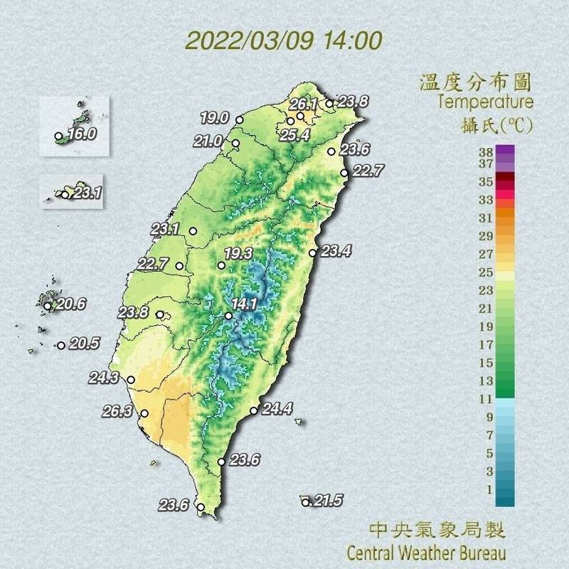 中央氣象局表示，今天白天強烈大陸冷氣團減弱，環境風場逐漸轉偏東風維持東風，明天將持續回溫。此為全台主要測站溫度數值。（中央氣象局提供）