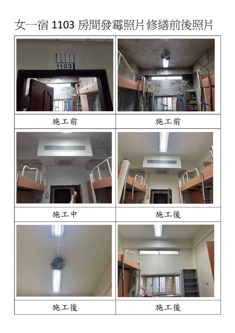 台藝大宿舍被控發霉，校方表示，2月中都已修繕完成，恢復居住品質。（台藝大提供）