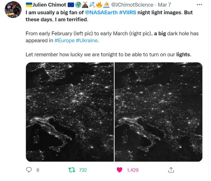 德国科学家奇莫特指出，乌克兰2月初晚间的卫星照（左）仍保有许多光点；但到了3月初所捕捉的照片（右），乌国上空已经变成一片漆黑。（图撷取自@JChimotScience官方推特）(photo:LTN)