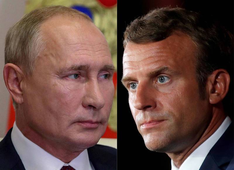 自烏俄危機去年底升溫以來，俄羅斯總統普廷（左）、法國總統馬克宏（右）頻繁熱線對話14次，卻收效甚微，常各說各話、各自為政，被法媒批評是「雞同鴨講」。（法新社）