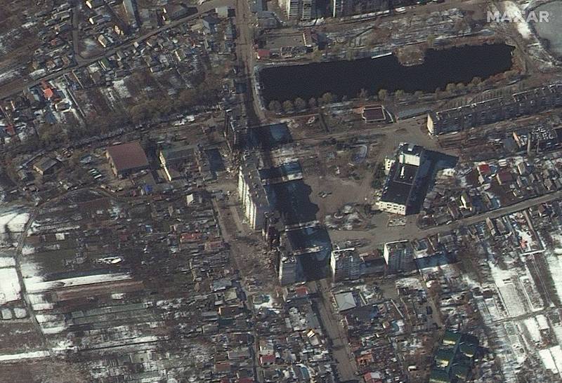 卫星照片显示，基辅州的博罗江卡镇（Borodyanka），多处民宅因俄军攻击而受损。（欧新社）(photo:LTN)