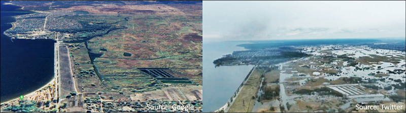 美国商用卫星影像公司「行星实验室」发现，基辅以北地区有大片土地浸在大水中，地面变得泥泞不堪、难以行进，可能是乌国军民阻挡俄军推进的计策。（取自网路）(photo:LTN)