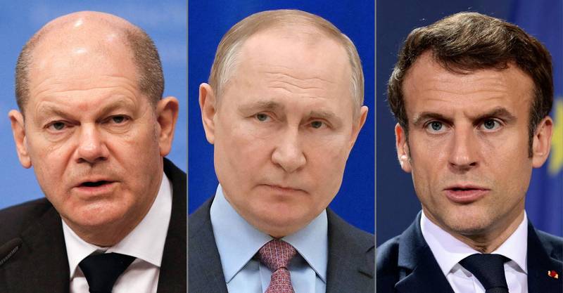 法国爱丽舍宫指出，法国总统马克宏（右）协同德国总理萧兹（左）与俄罗斯总统普廷（中）商讨乌克兰情势。（法新社）(photo:LTN)