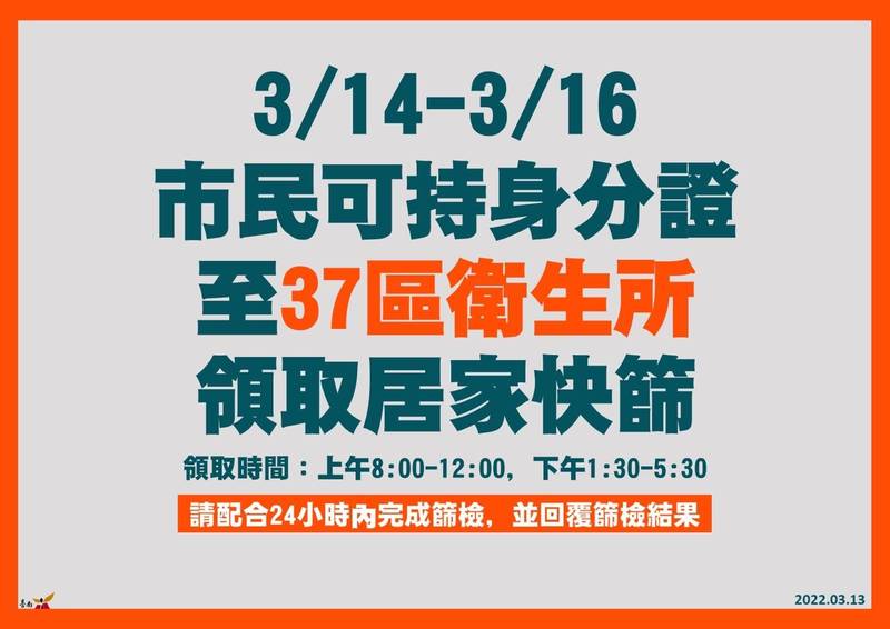 台南市於3月14、15、16日3天，提供免費的快篩，無需足跡重疊。（南市衛生局提供）