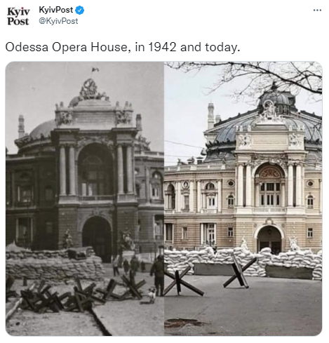 敖德萨歌剧院在二战期间和现在的路障设置对比。（图撷自@KyivPost推特）(photo:LTN)