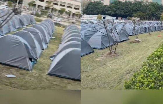 微博上流传一段影片，东莞某台资企业临时搭建数百个帐篷，安排外宿员工就地隔离，影片疯传让中国网友直唿心痛。（图取自推特）(photo:LTN)