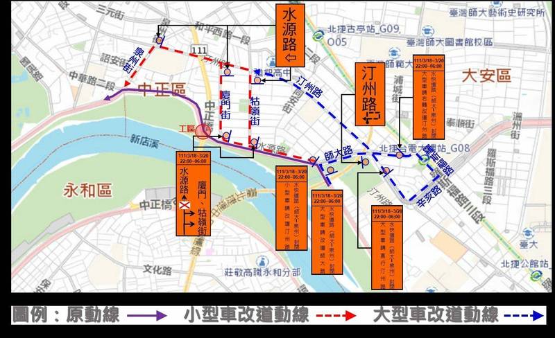 水源快速道路（泉州街至師大路）及水源路（廈門街至泉州街）3/18、19封閉改道示意圖。（北市新工處提供）