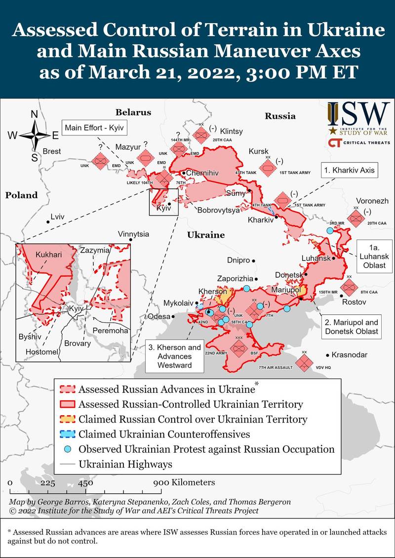 ISW公布截至烏克蘭時間3月21日止，俄烏戰事的最新情勢。（圖擷取自@TheStudyofWar官方推特）