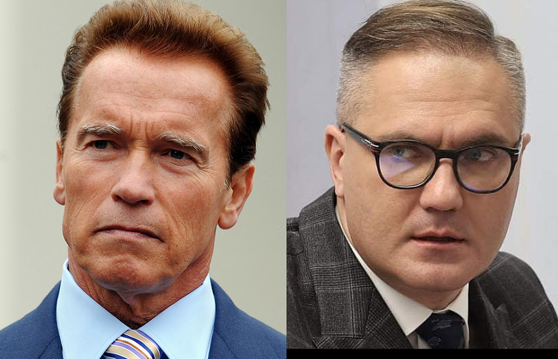 俄官媒名嘴吉金（Vadim Gigin，右）22日批評好萊塢天王影星阿諾史瓦辛格（Arnold Schwarzenegger，左）「給俄羅斯人」的喊話影片是美國的「政治宣傳」，更將阿諾斥為「美國帝國主義和殖民主義的門面」。（法新社、俄官媒臉書，本報合成）