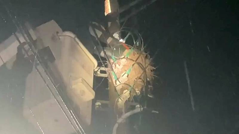 台電苗栗區處派員在昨天深夜雨中盡速移除築在電桿上的鳥巢，以避免鳥獸外力碰觸造成停電事故。（台電苗栗區處提供）