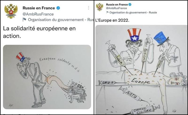 俄罗斯驻法国大使馆官方推特近日贴出低级漫画，暗讽欧盟跪舔美国，引发法国不满，召见大使抗议，法国总统马克宏（Emmanuel Macron）也直唿「让人无法接受」。（翻摄自推特，本报合成）(photo:LTN)