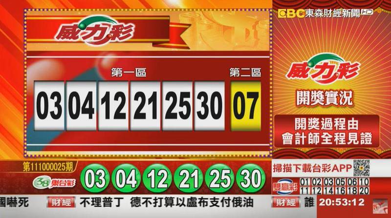 威力彩、38樂合彩開獎號碼。（圖擷取自東森財經新聞57彩券王）
