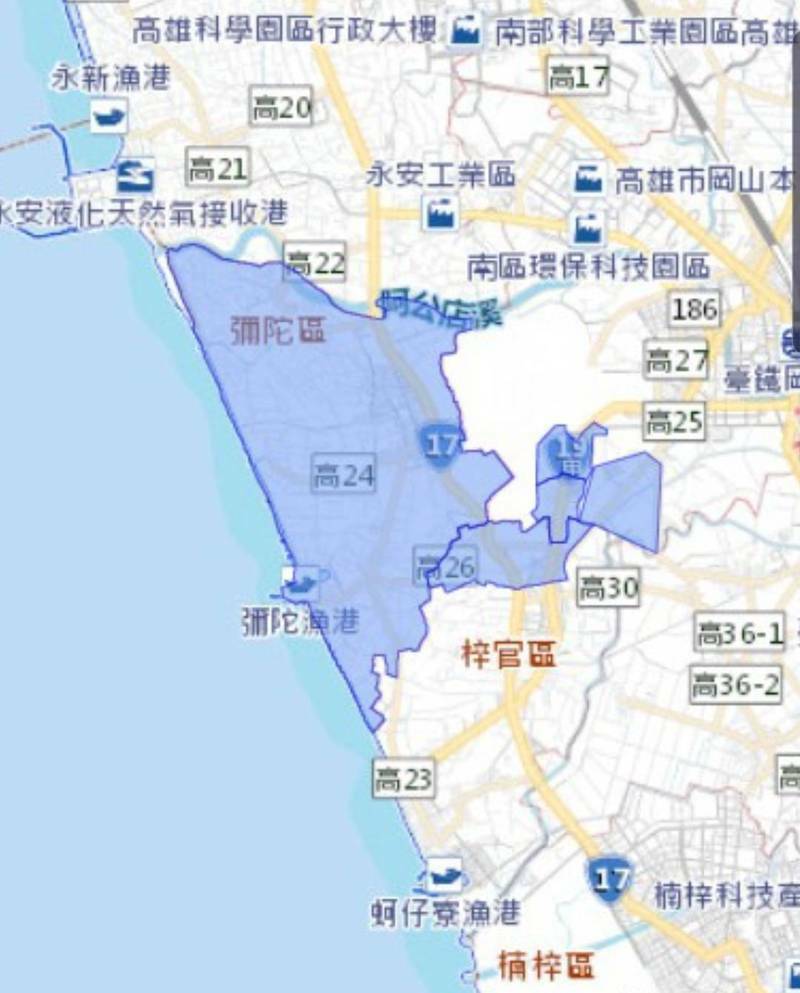 彌陀全區、岡山區2里、梓官區1里共9200戶，原本停水到昨晚6時，再度延到今早6時才供水。（取自水公司官網）