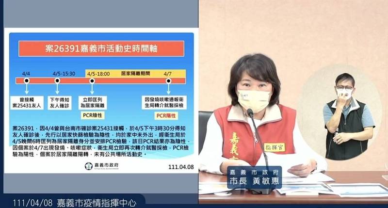 嘉義市長黃敏惠今天在線上防疫記者會公布新增1名確診個案。（記者丁偉杰翻攝）
