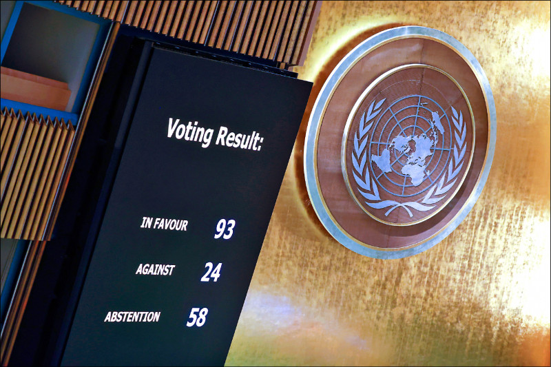 联合国大会七日表决通过将俄国自人权理事会停权，图为表决票数九十三票赞成、二十四票反对与五十八票弃权。（欧新社）(photo:LTN)