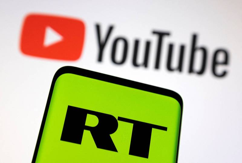 國會官方頻道遭YouTube刪除令俄官員氣炸，Google已證實刪除該頻道是為了符合美國對俄制裁規定。圖為YouTube及俄官媒RT商標。（路透）
