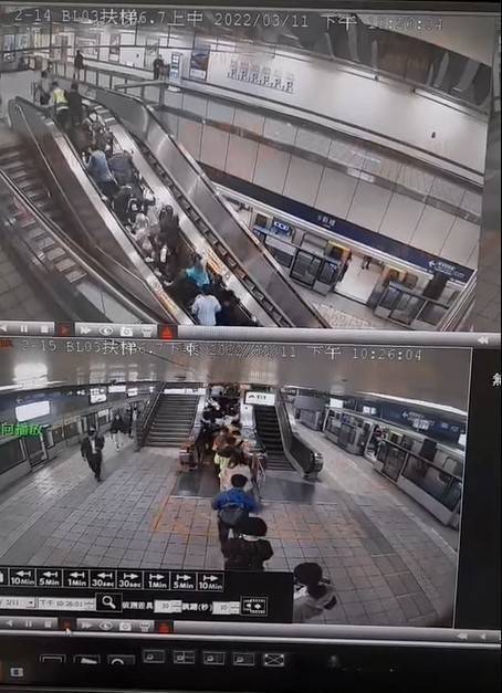 台北捷運新埔站一座往上運行的電扶梯3月11日晚間無預警下滑。（圖擷自臉書「爆廢公社」）

