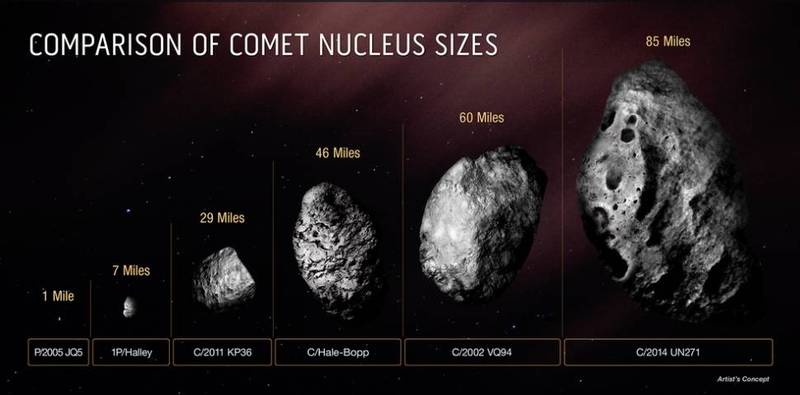 「2014 UN271」（右）與其他已知彗星的大小比較。（取自NASA官網）