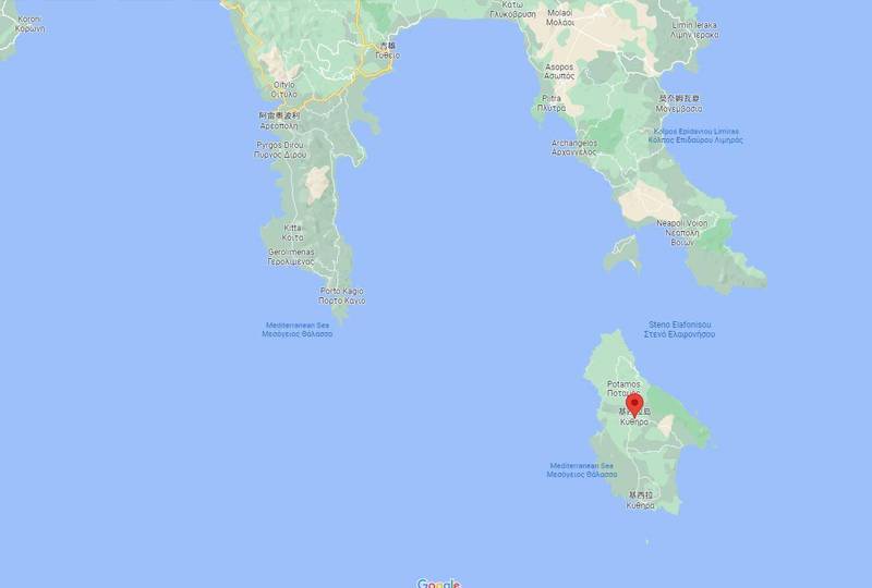 希臘南部基西拉島外海於當地時間16日晚間發生芮氏規模5.0地震，震源深度67公里。（圖擷自GOOGLE MAP）
