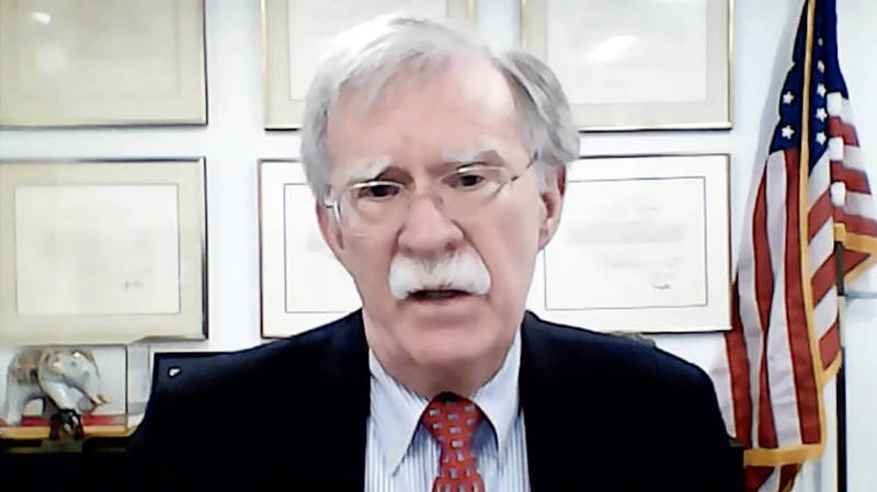 Former US national security advisor John Bolton delivers a speech over videolink during the Global Taiwan National Affairs Symposium forum on Saturday.
Photo: screen grab from the Internet