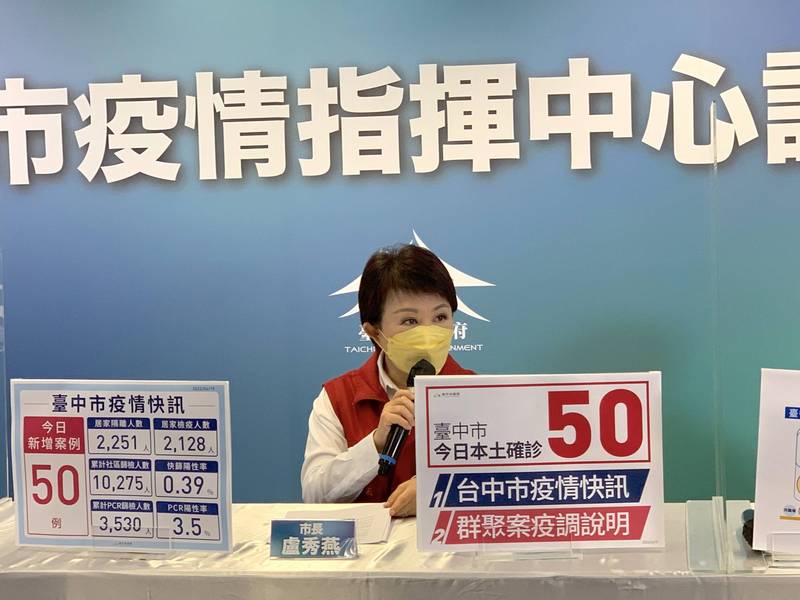 台中市今天新增確診個案50人，盧秀燕說明疫情。（記者蔡淑媛攝）