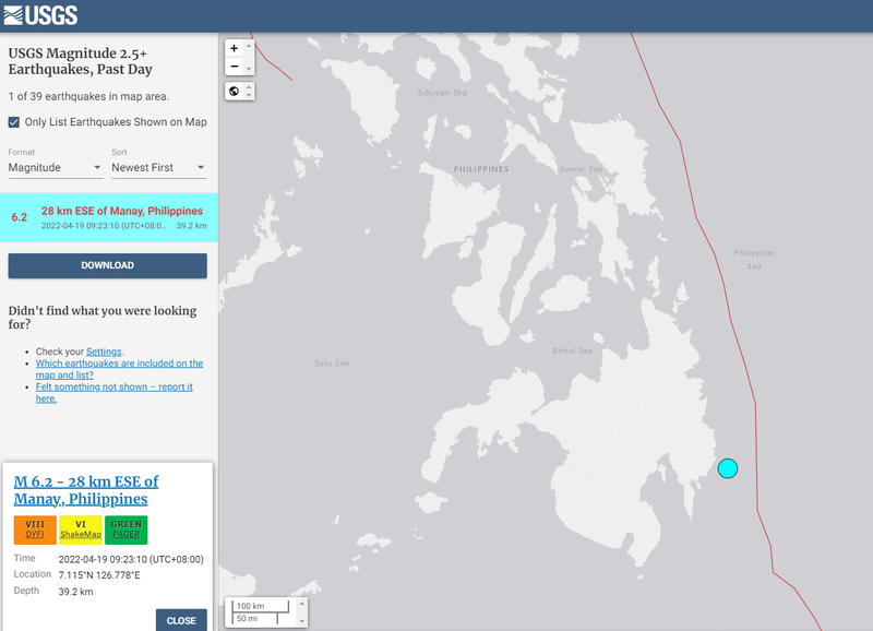 菲律賓南棉蘭老島東南方近海上午發生規模6.2強震。（擷取自USGS）
