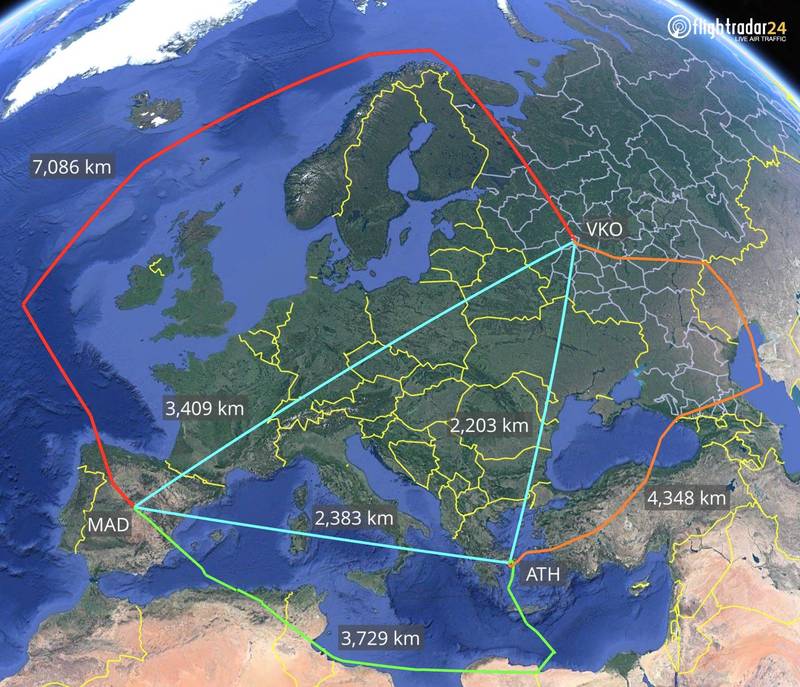 俄羅斯專機到西班牙和希臘載送被驅逐的外交官，但在制裁措施下無法進入各國領空只能繞路，總航程高達1.5萬公里。（圖擷自@flightradar24推特）