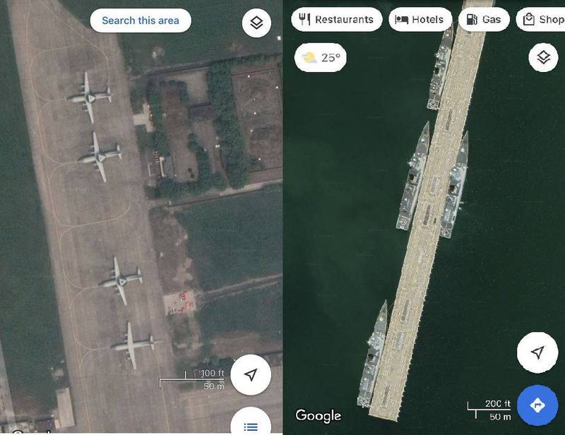 有網友發現，中國軍事設施上的馬賽克都被消除，軍港和軍機機場都完整清楚呈現，笑說「雄三飛彈可以事先部署了」。（圖取自推特）