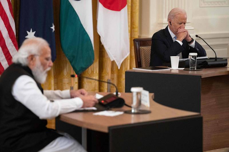 美国总统拜登（右）与印度总理莫迪（左）去年9月在华府出席美、印、日、澳四方安全对话机制峰会。（法新社档案照）(photo:LTN)