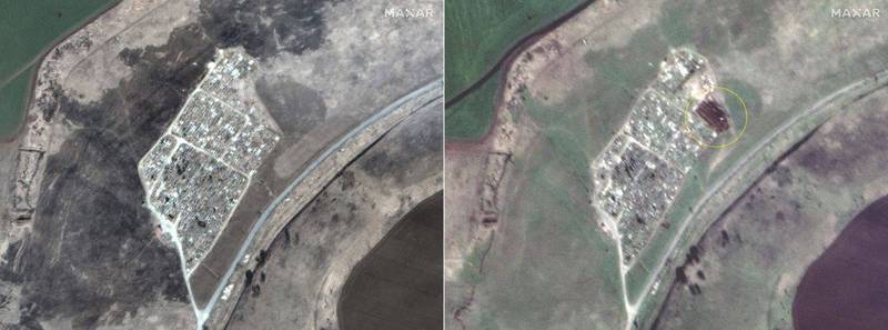 「Maxar Technologies」3月22日（左）及4月15日（右）攝下衛星照片對比後發現，多了一個萬人塚。（美聯社，本報合成）
