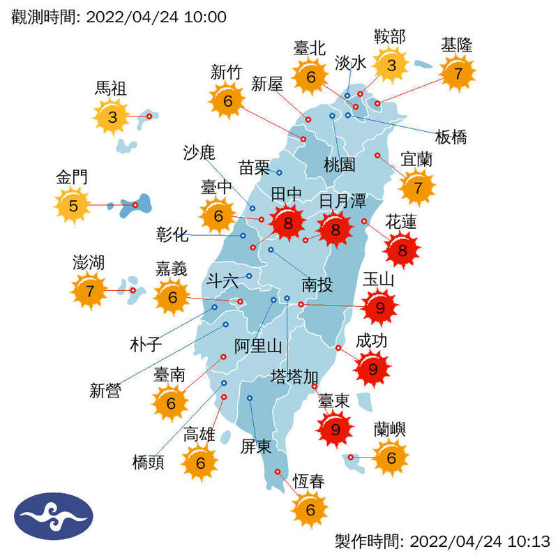 今天各地各地感受悶熱，此為紫外線即時觀測，部分測站紫外線指數達過量級。（圖擷取自中央氣象局）