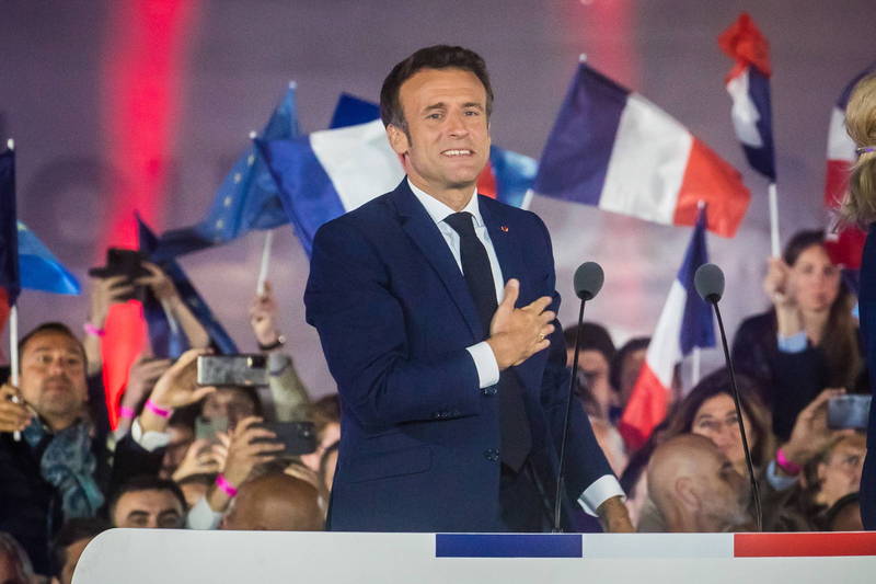 法國總統馬克宏（Emmanuel Macron）於總統大選第二輪投票中贏得勝利，勝選連任。（歐新社）