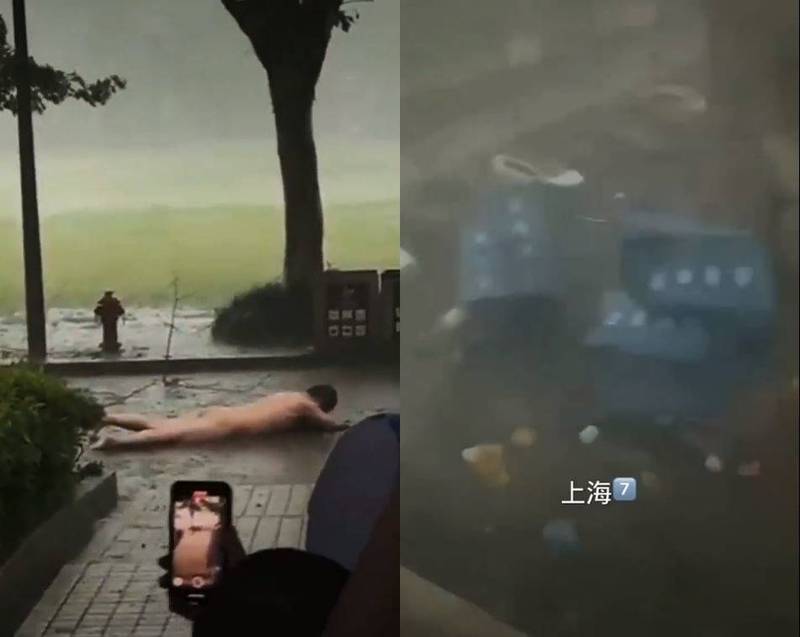 上海昨日遭遇強對流天氣，當地傳出有方艙醫院及採檢站被吹倒，還有一名原本正在淋浴的男子只能赤裸匍匐在馬路上，遭旁人錄下PO網，引發議論。（圖擷自網路）
