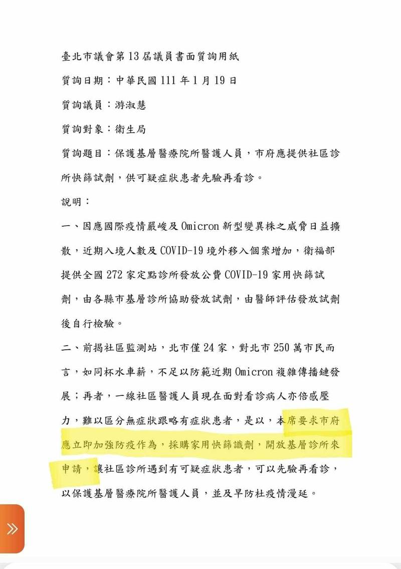 游淑慧今年1月之書面質詢，要求北市府增加快篩（記者郭安家翻攝游淑慧臉書）