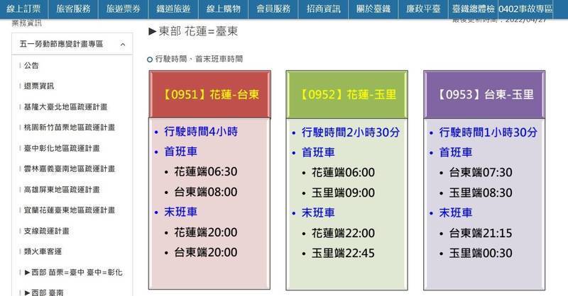 台鐵官網公布「五一勞動節應變計畫專區」，提供替代運具、類火車資訊。（圖取自台鐵局官網）