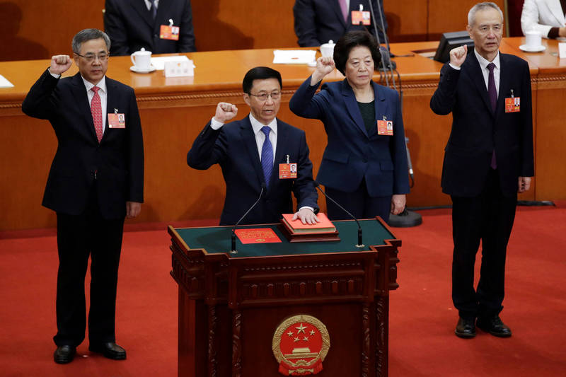 中国国务院的4位副总理，从左至右分别是胡春华（排名第3）、韩正（排名第1）、孙春兰（排名第2）和刘鹤（排名第4）。（路透资料照）(photo:LTN)