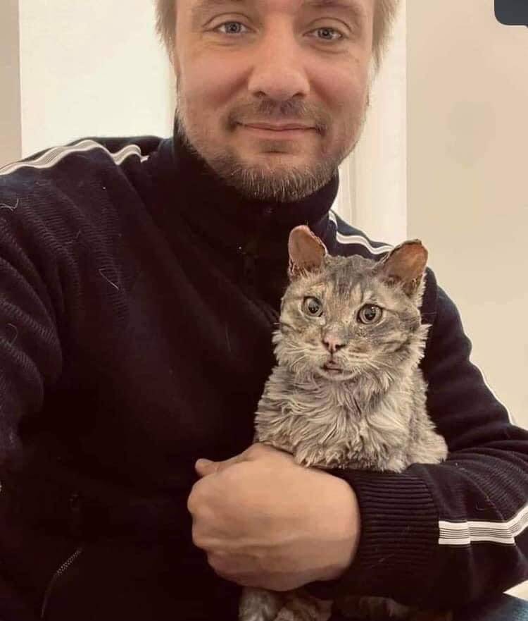「不死鸟（Phenix）」接受治疗期间，都是由志工克雷扎尼夫斯基（Volodymyr Kryzhanivsky）照顾牠，也是他为这只了不起的猫咪命名。（图翻摄自乌克兰国防部官方推特）(photo:LTN)